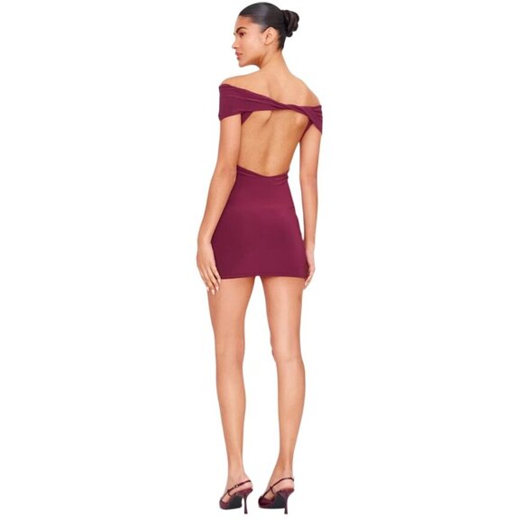 PrettyLittleThing Plum Double Layer Soft Touch Bardot Twist Back Mini Dress -‎ M - Picture 1 of 9